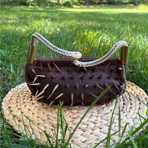 Edgy Brown Spiked Clutch with Rope Handle